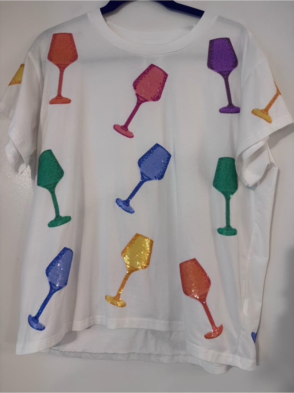 QOS White Sequin Wine Glass Party Tee - Multicolor